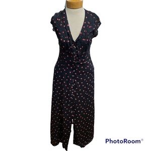 Free People Size XS Women's Maxi Dress Button Front Black w/ Strawberry Romantic